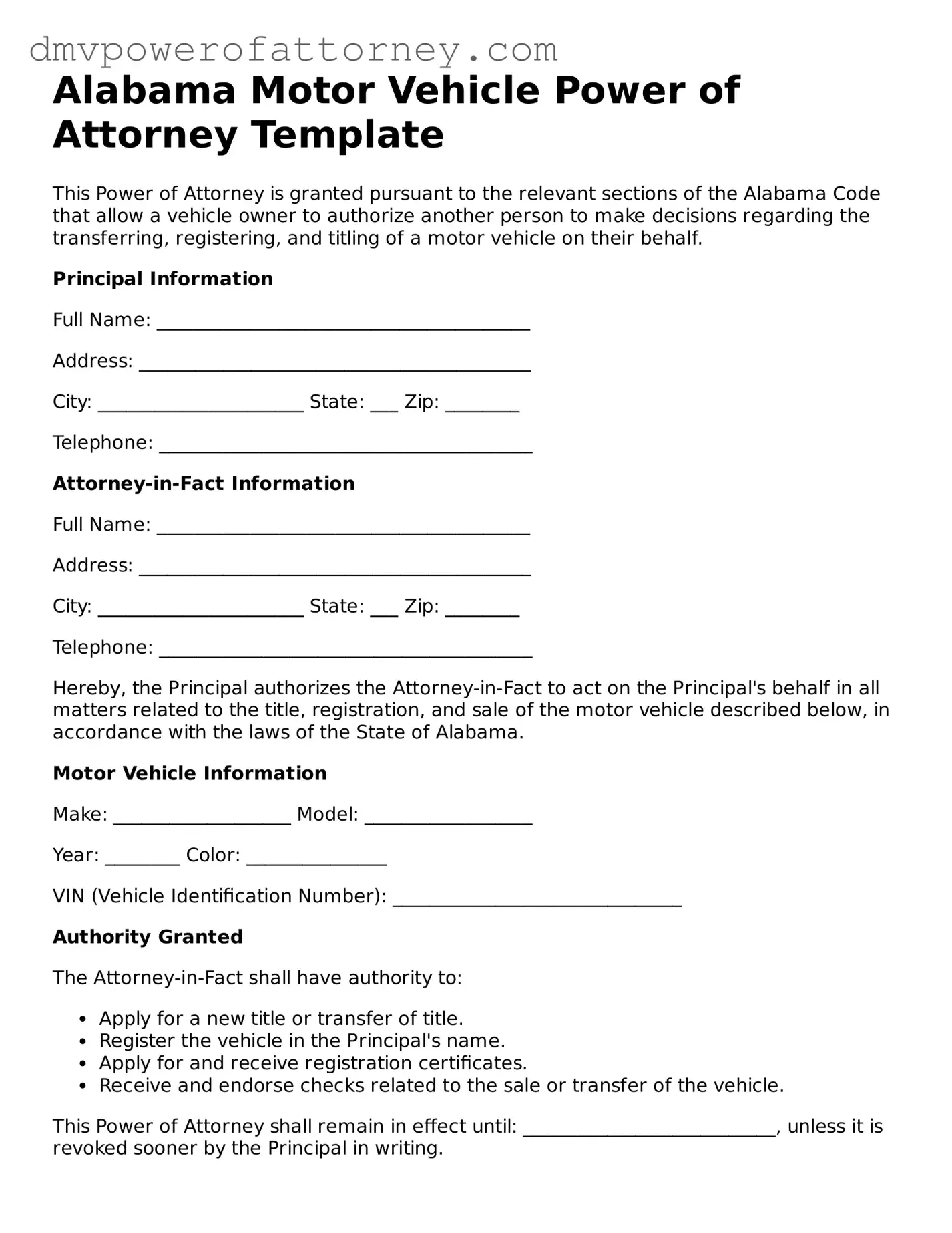 Attorney-Verified Motor Vehicle Power of Attorney Template for Alabama State
