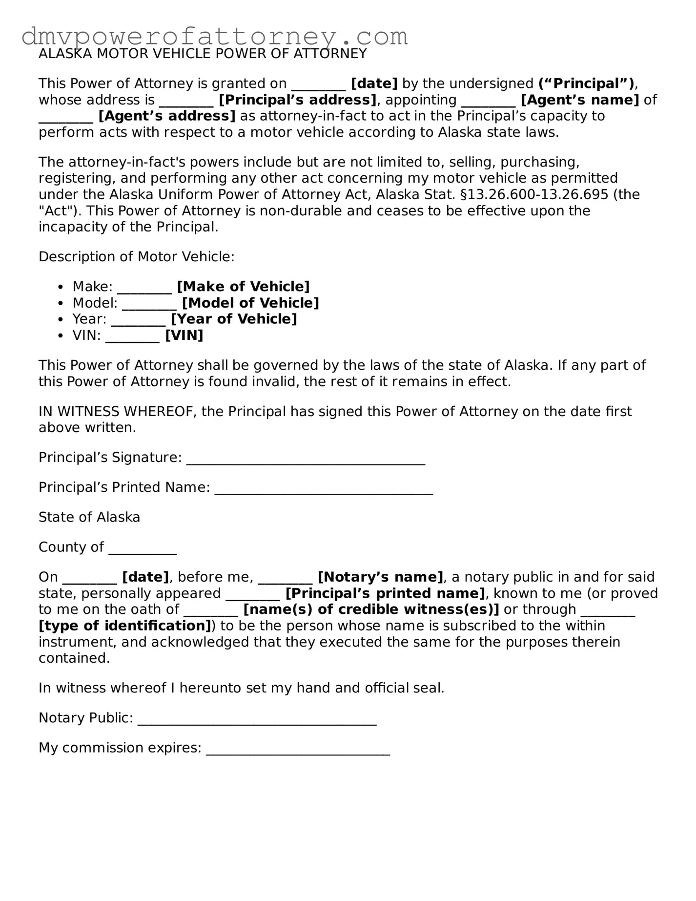 Attorney-Verified Motor Vehicle Power of Attorney Template for Alaska State