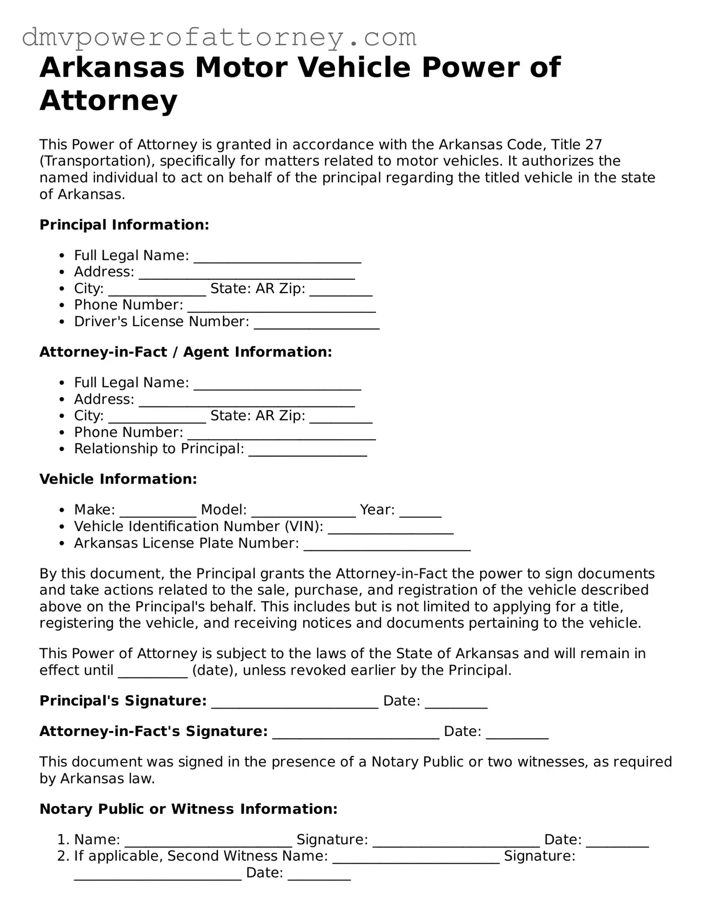 Attorney-Verified Motor Vehicle Power of Attorney Template for Arkansas State