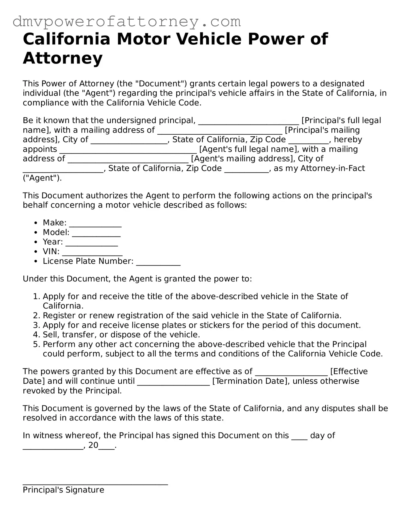 Attorney-Verified Motor Vehicle Power of Attorney Template for California State