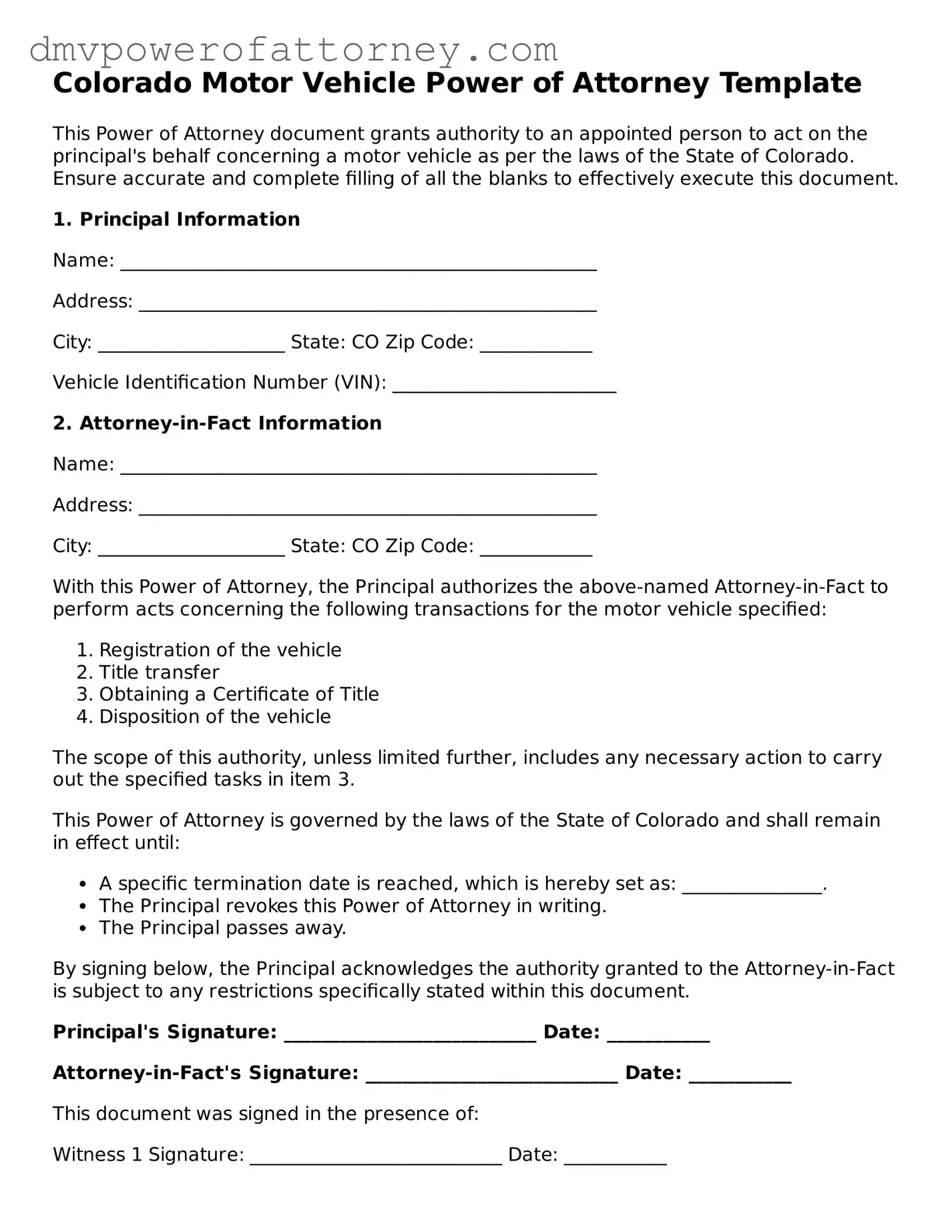 Attorney-Verified Motor Vehicle Power of Attorney Template for Colorado State