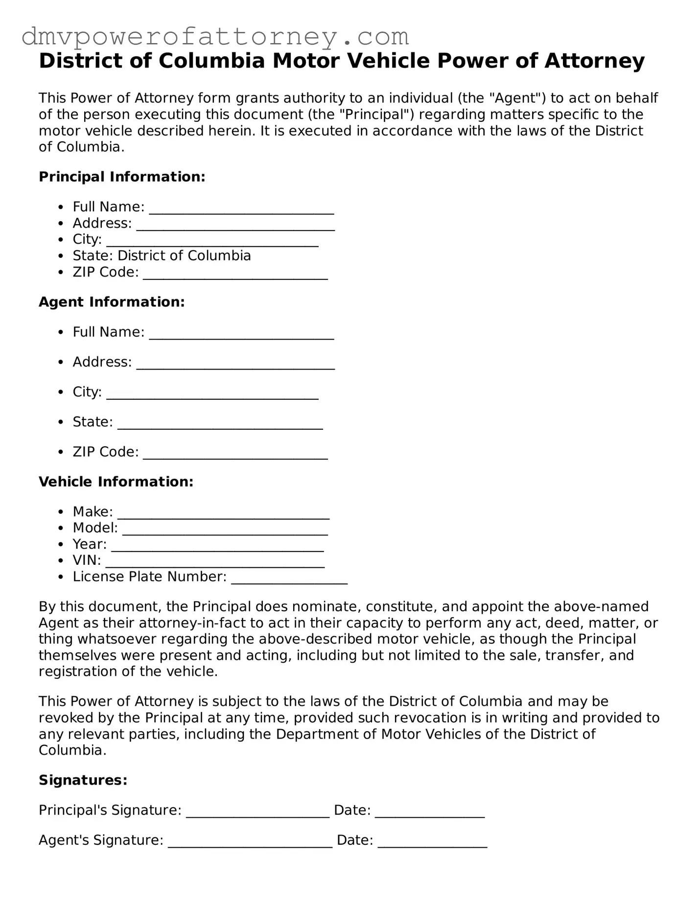 Attorney-Verified Motor Vehicle Power of Attorney Template for District of Columbia State