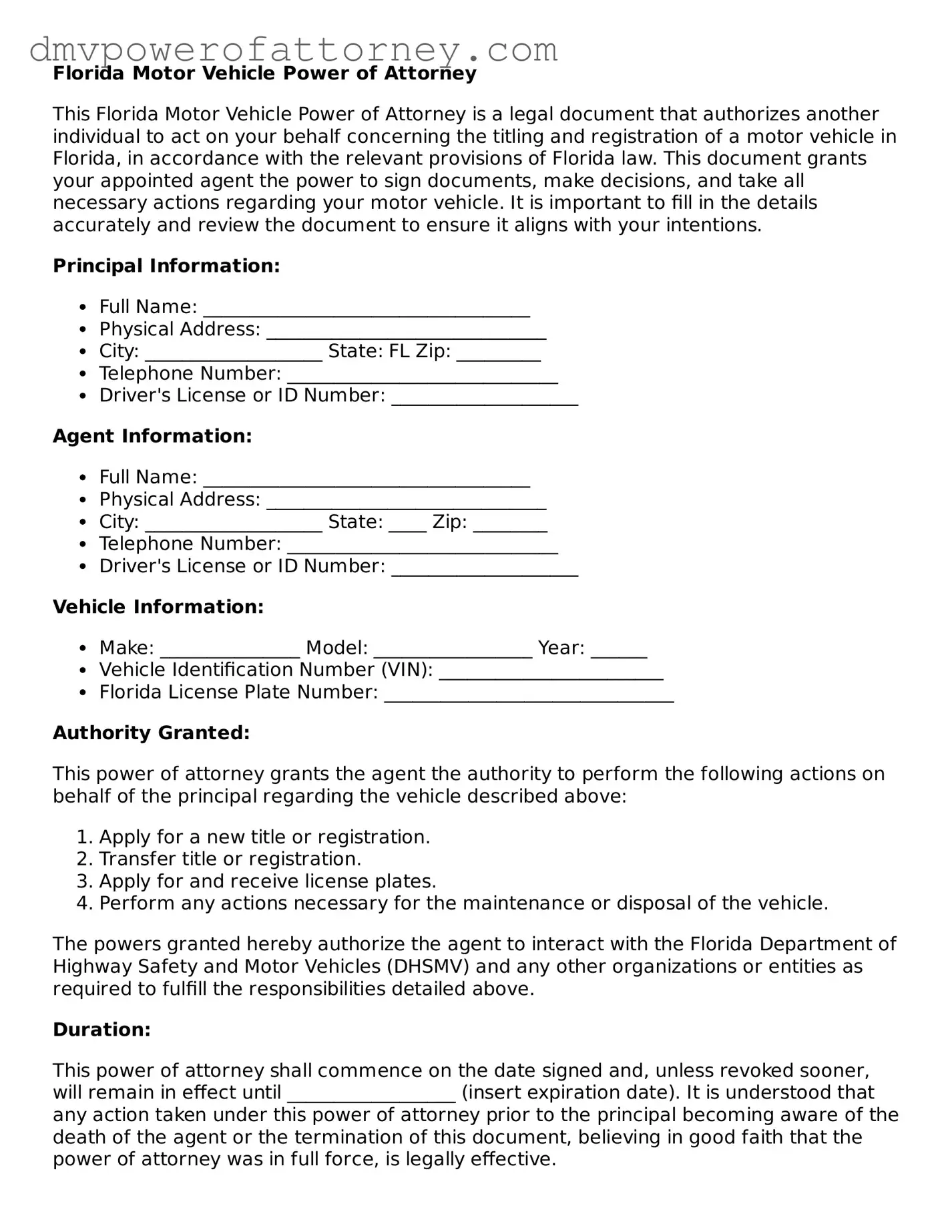 Attorney-Verified Motor Vehicle Power of Attorney Template for Florida State