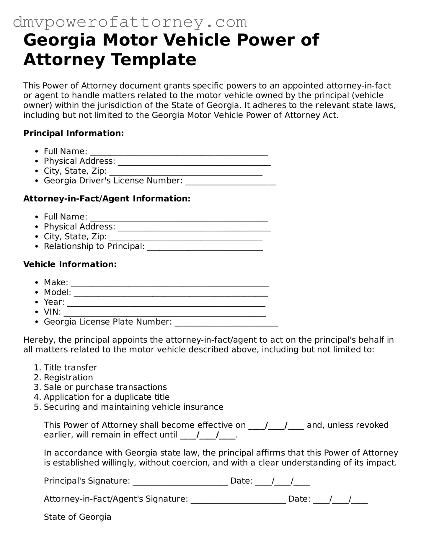 Attorney-Verified Motor Vehicle Power of Attorney Template for Georgia State