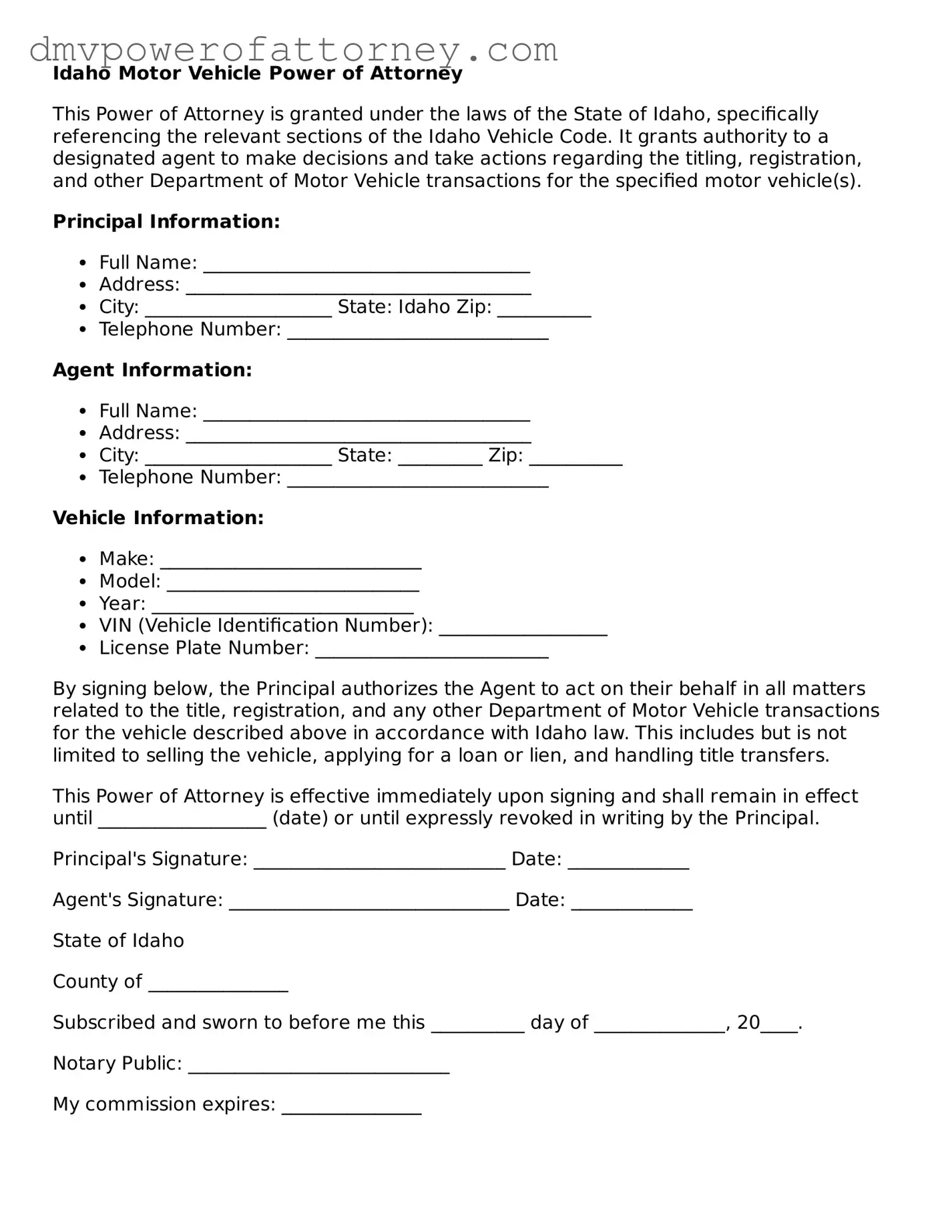 Attorney-Verified Motor Vehicle Power of Attorney Template for Idaho State