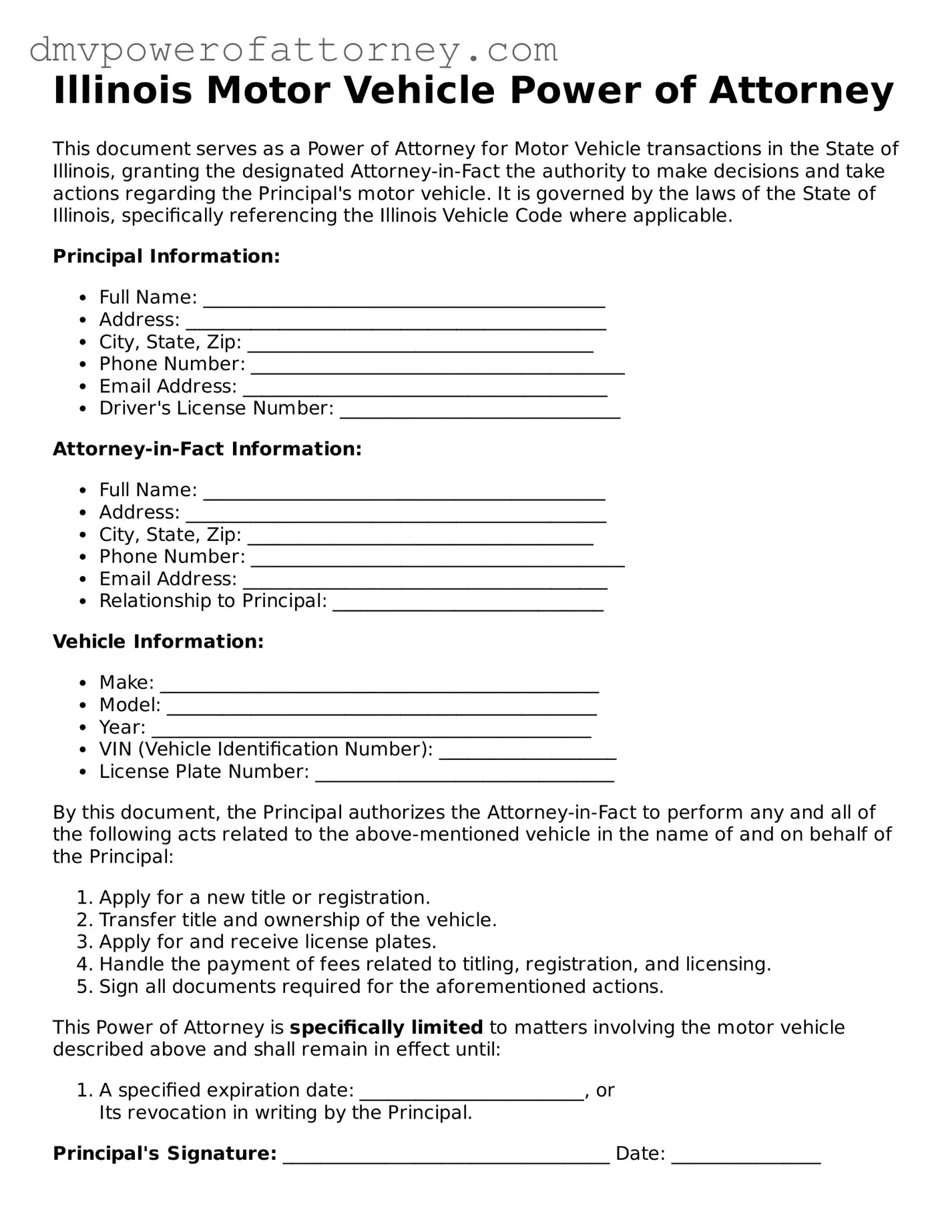 Attorney-Verified Motor Vehicle Power of Attorney Template for Illinois State
