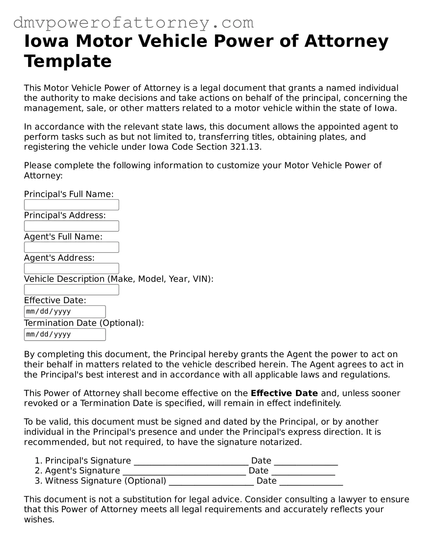 Attorney-Verified Motor Vehicle Power of Attorney Template for Iowa State