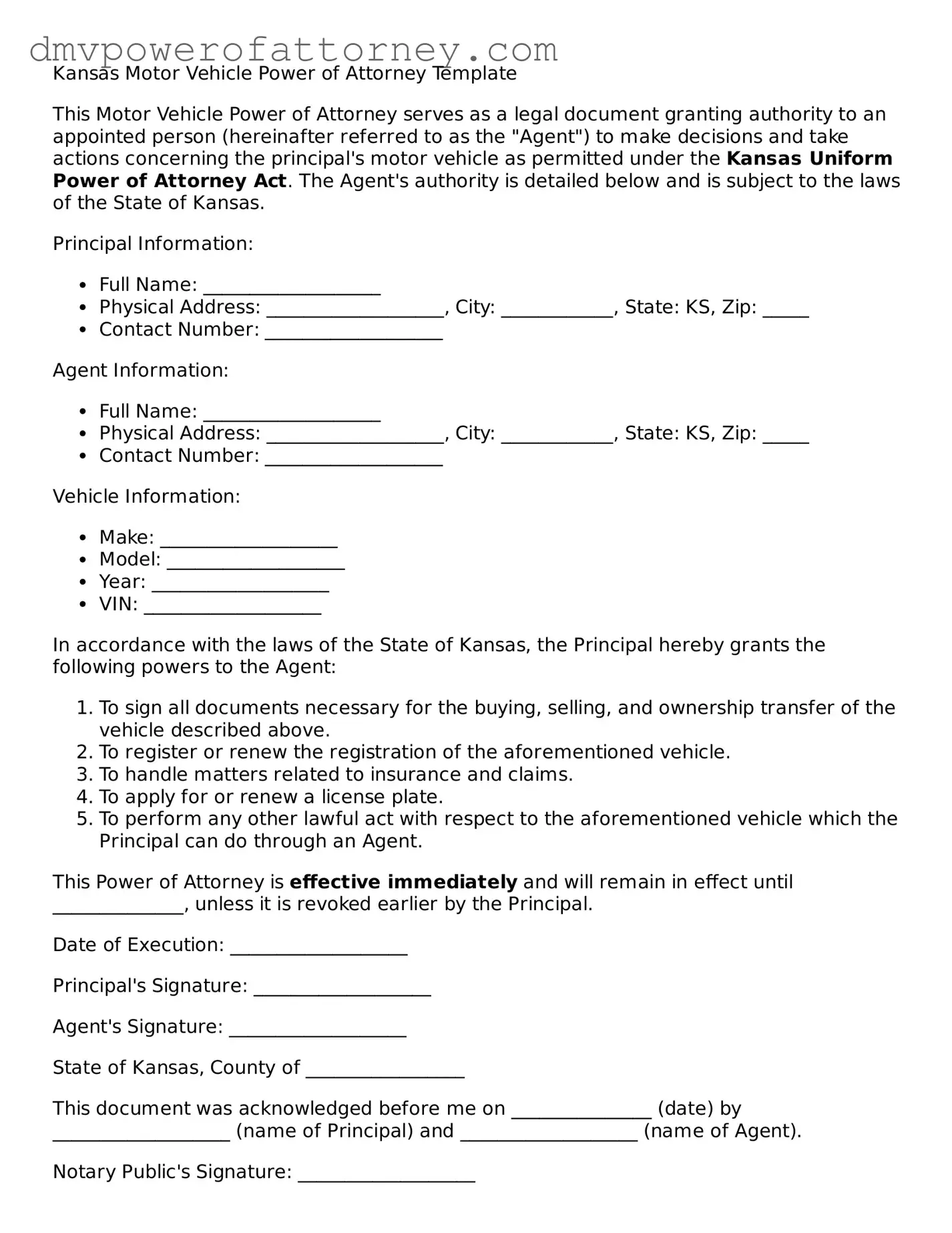 Attorney-Verified Motor Vehicle Power of Attorney Template for Kansas State