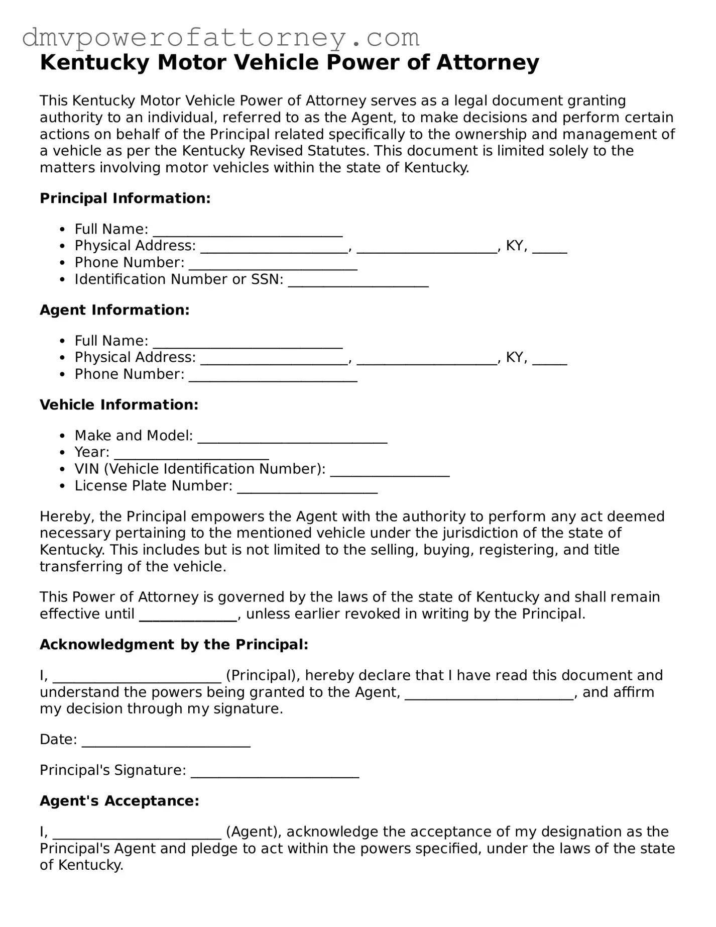 Attorney-Verified Motor Vehicle Power of Attorney Template for Kentucky State