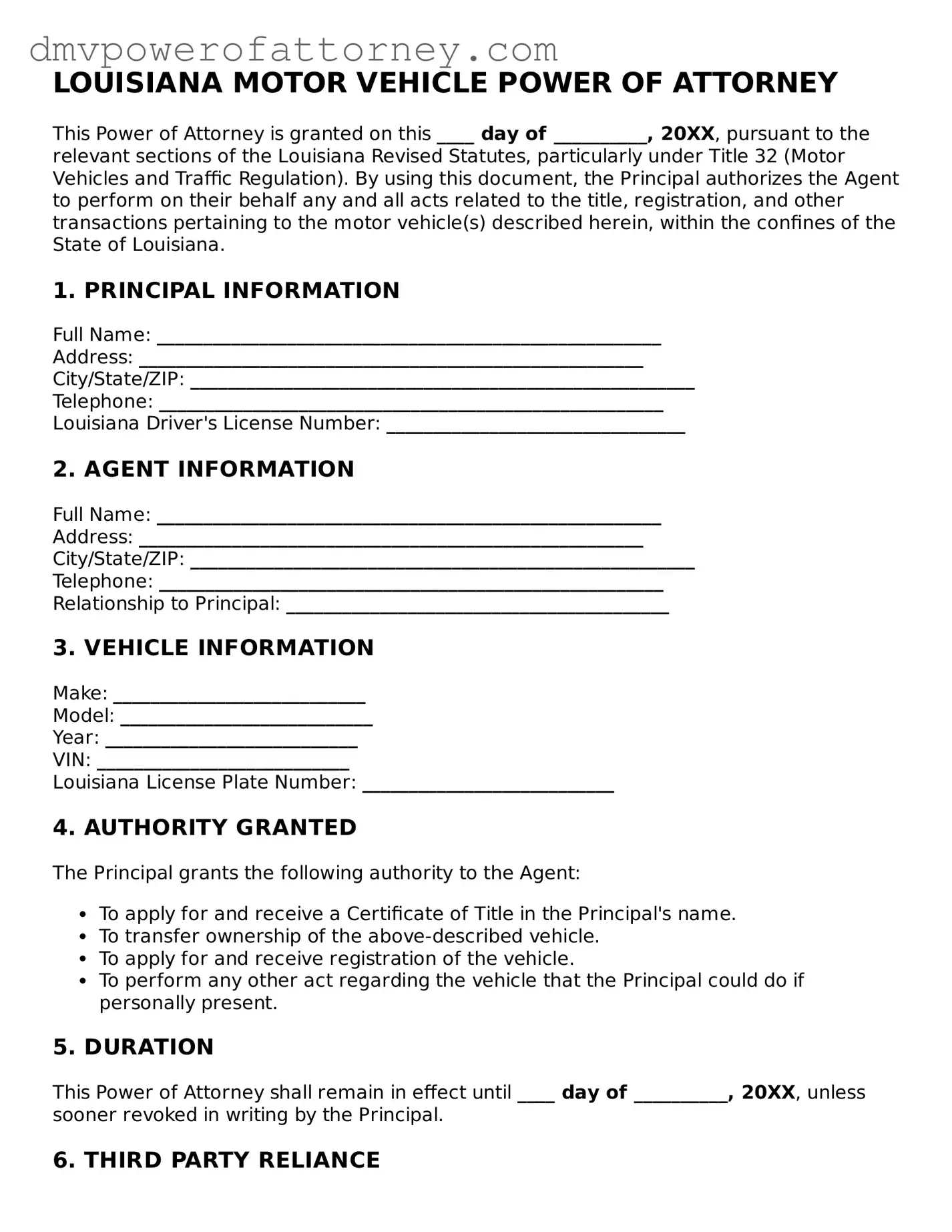 Attorney-Verified Motor Vehicle Power of Attorney Template for Louisiana State