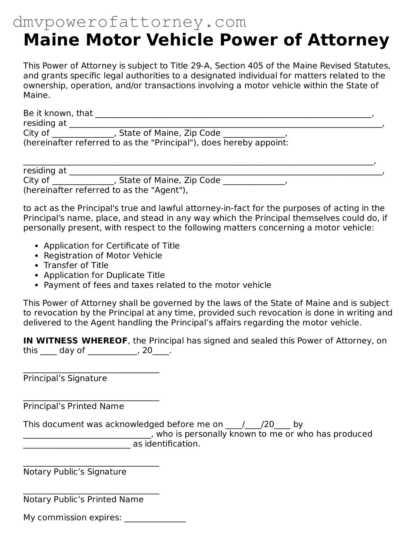 Attorney-Verified Motor Vehicle Power of Attorney Template for Maine State
