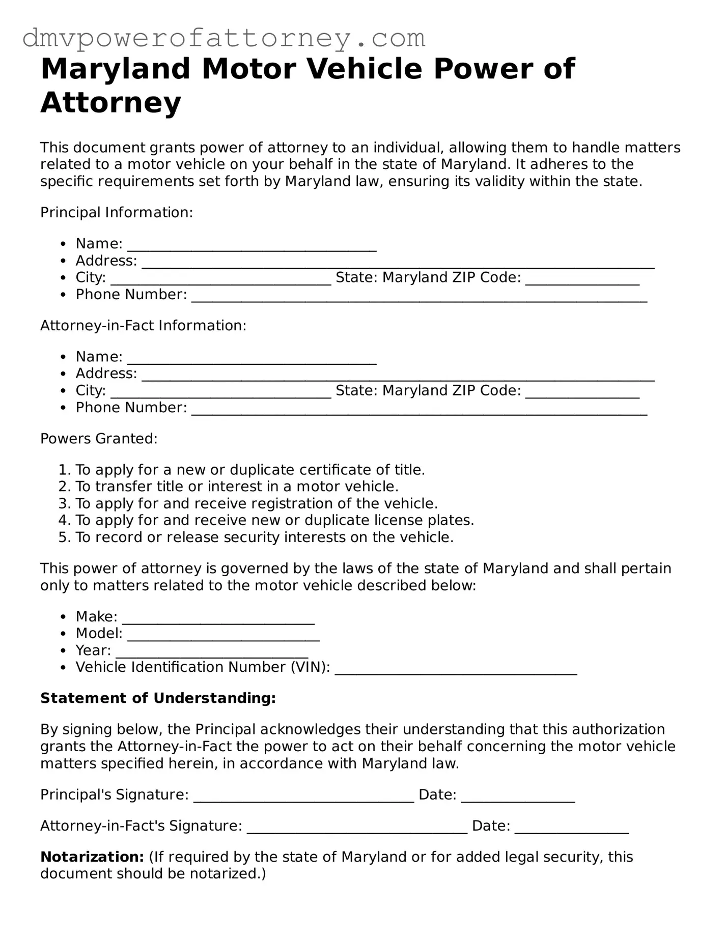 Attorney-Verified Motor Vehicle Power of Attorney Template for Maryland State