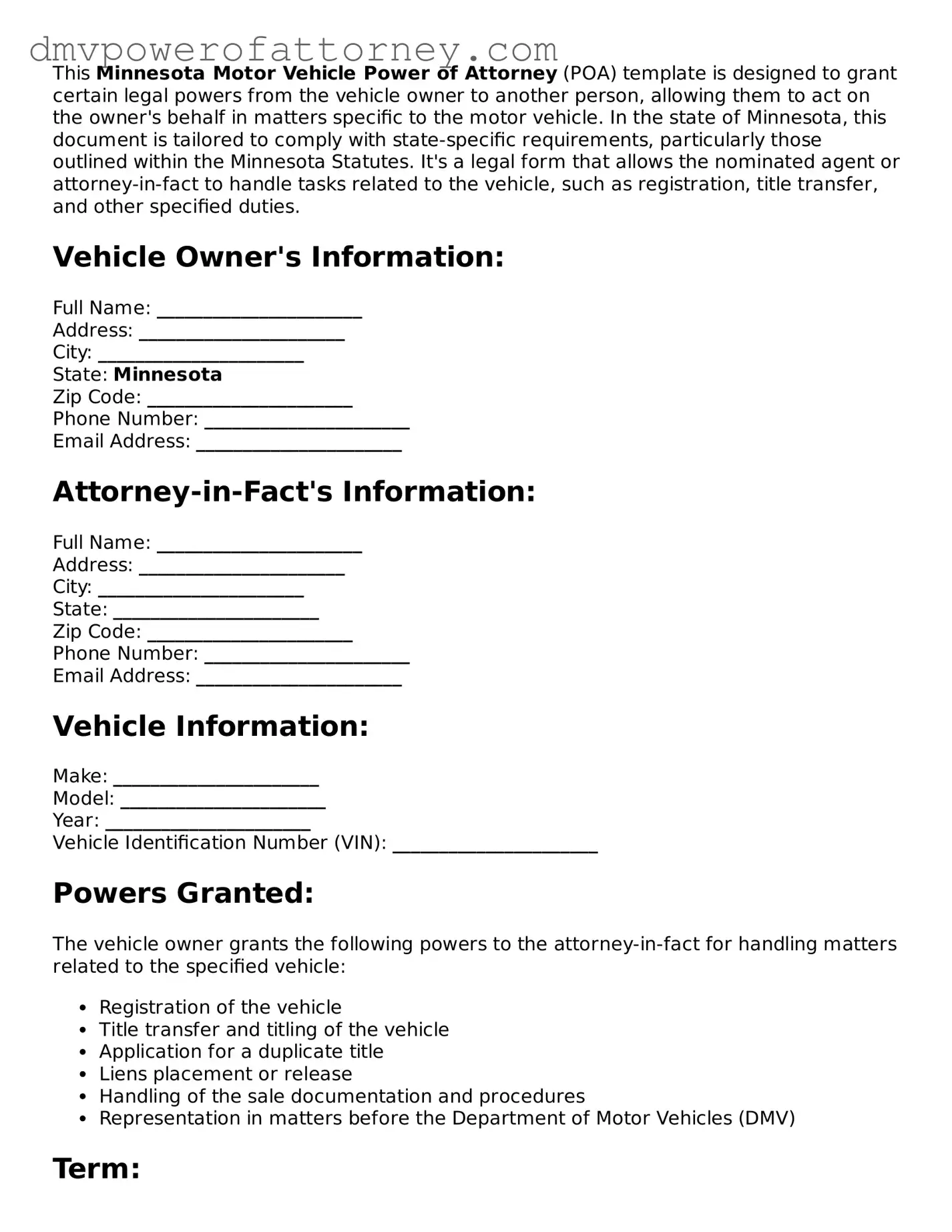 Attorney-Verified Motor Vehicle Power of Attorney Template for Minnesota State