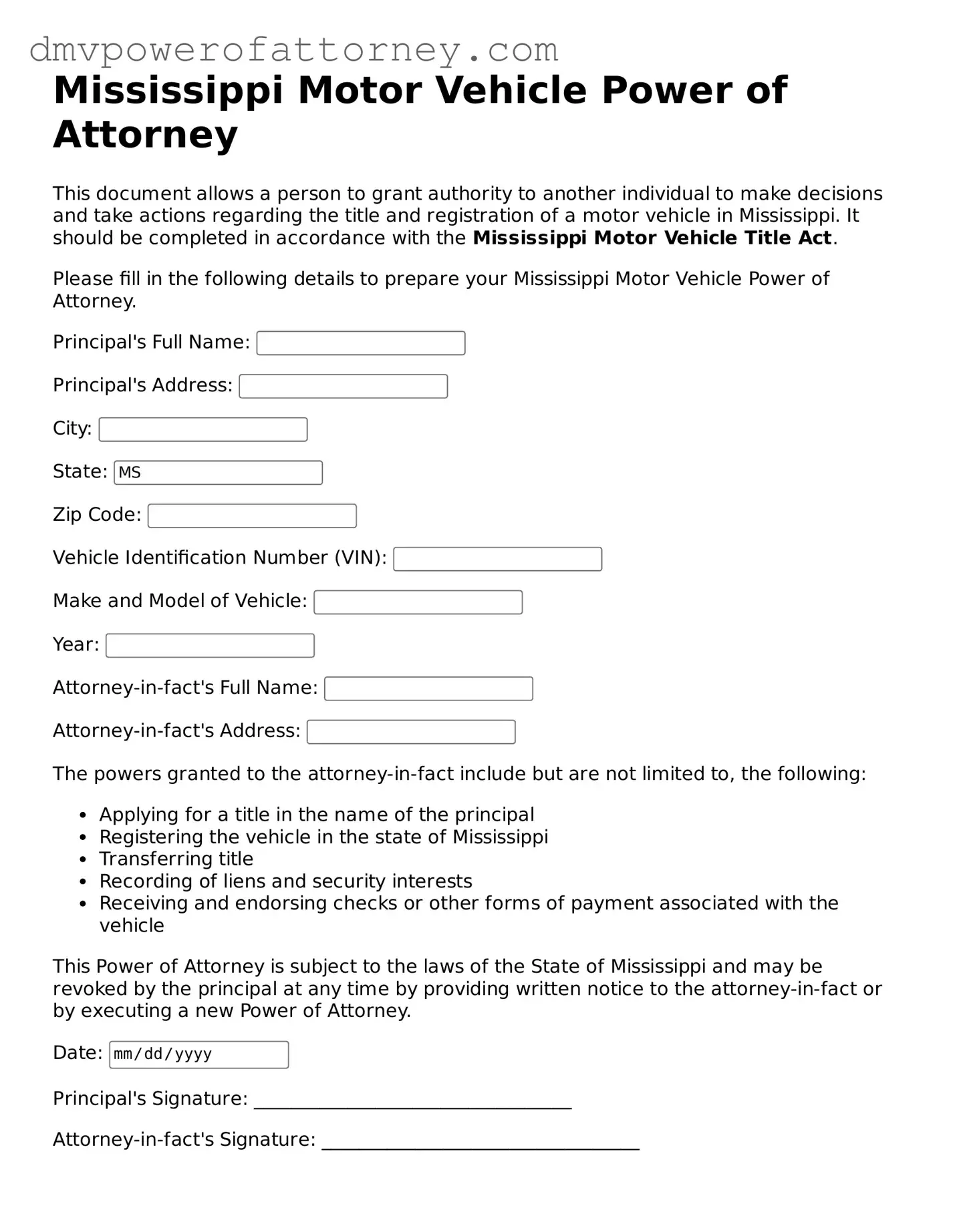 Attorney-Verified Motor Vehicle Power of Attorney Template for Mississippi State