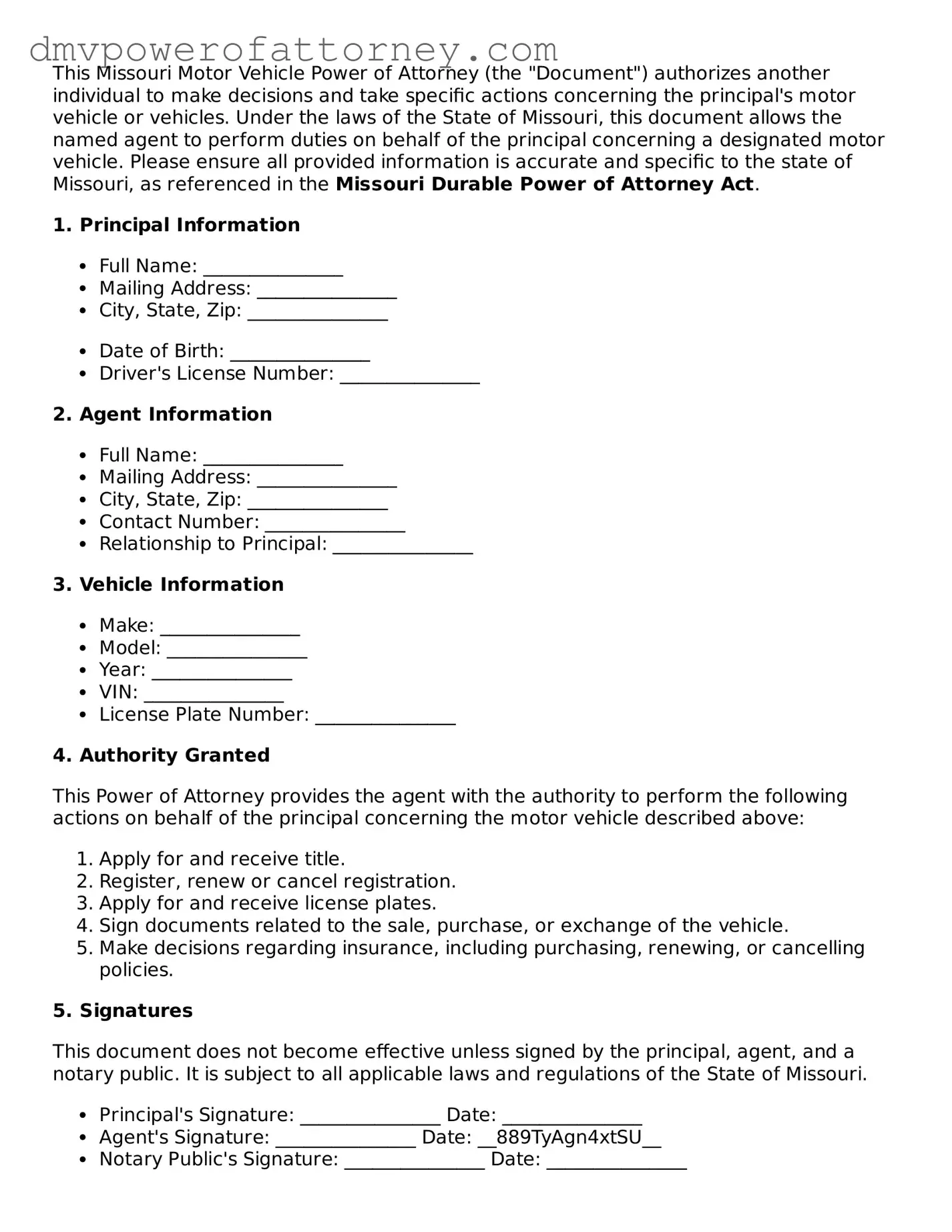 Attorney-Verified Motor Vehicle Power of Attorney Template for Missouri State
