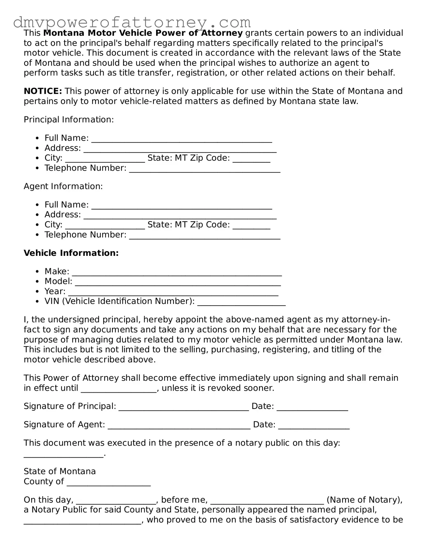 Attorney-Verified Motor Vehicle Power of Attorney Template for Montana State