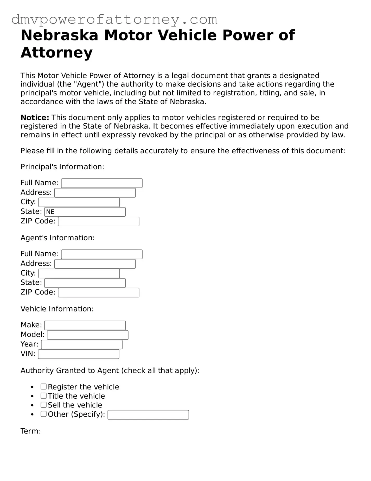 Attorney-Verified Motor Vehicle Power of Attorney Template for Nebraska State