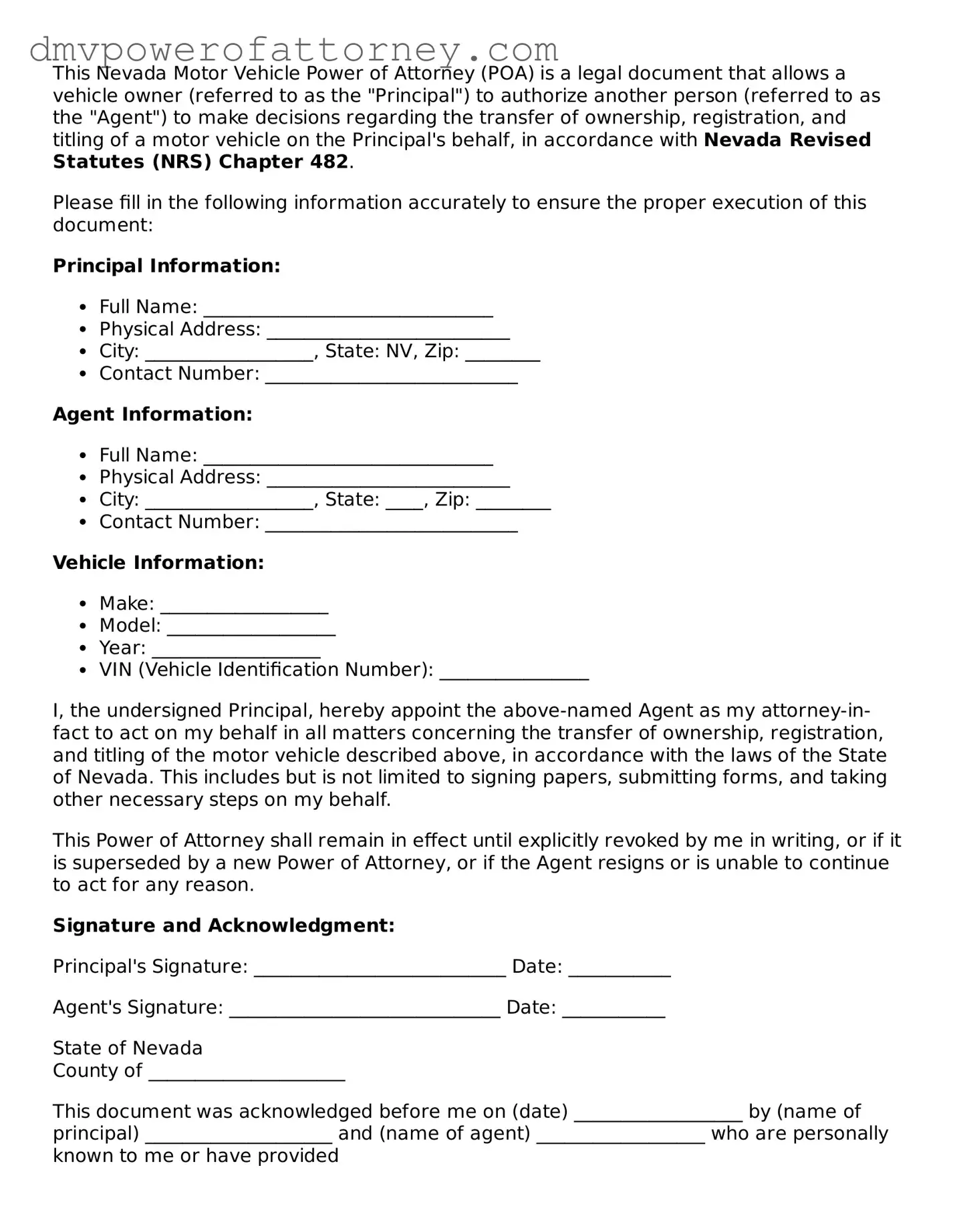 Attorney-Verified Motor Vehicle Power of Attorney Template for Nevada State