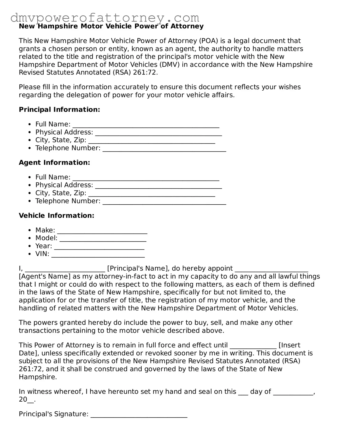 Attorney-Verified Motor Vehicle Power of Attorney Template for New Hampshire State