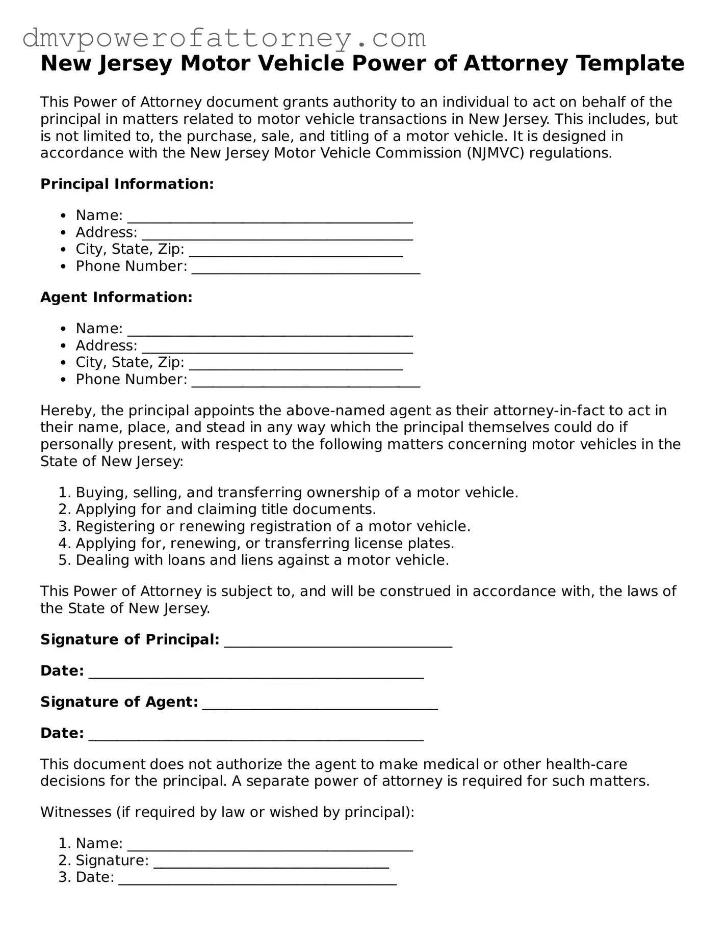 Attorney-Verified Motor Vehicle Power of Attorney Template for New Jersey State