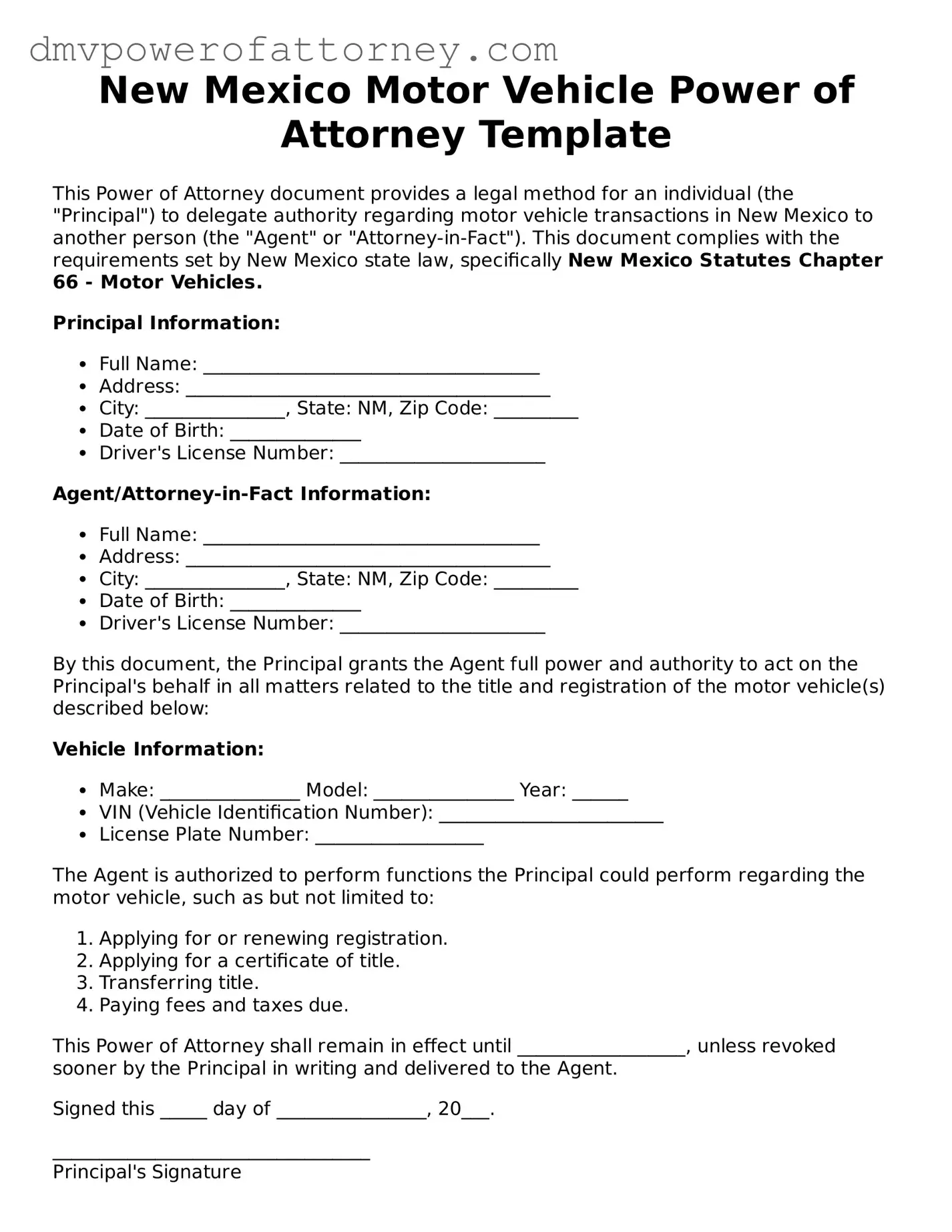 Attorney-Verified Motor Vehicle Power of Attorney Template for New Mexico State