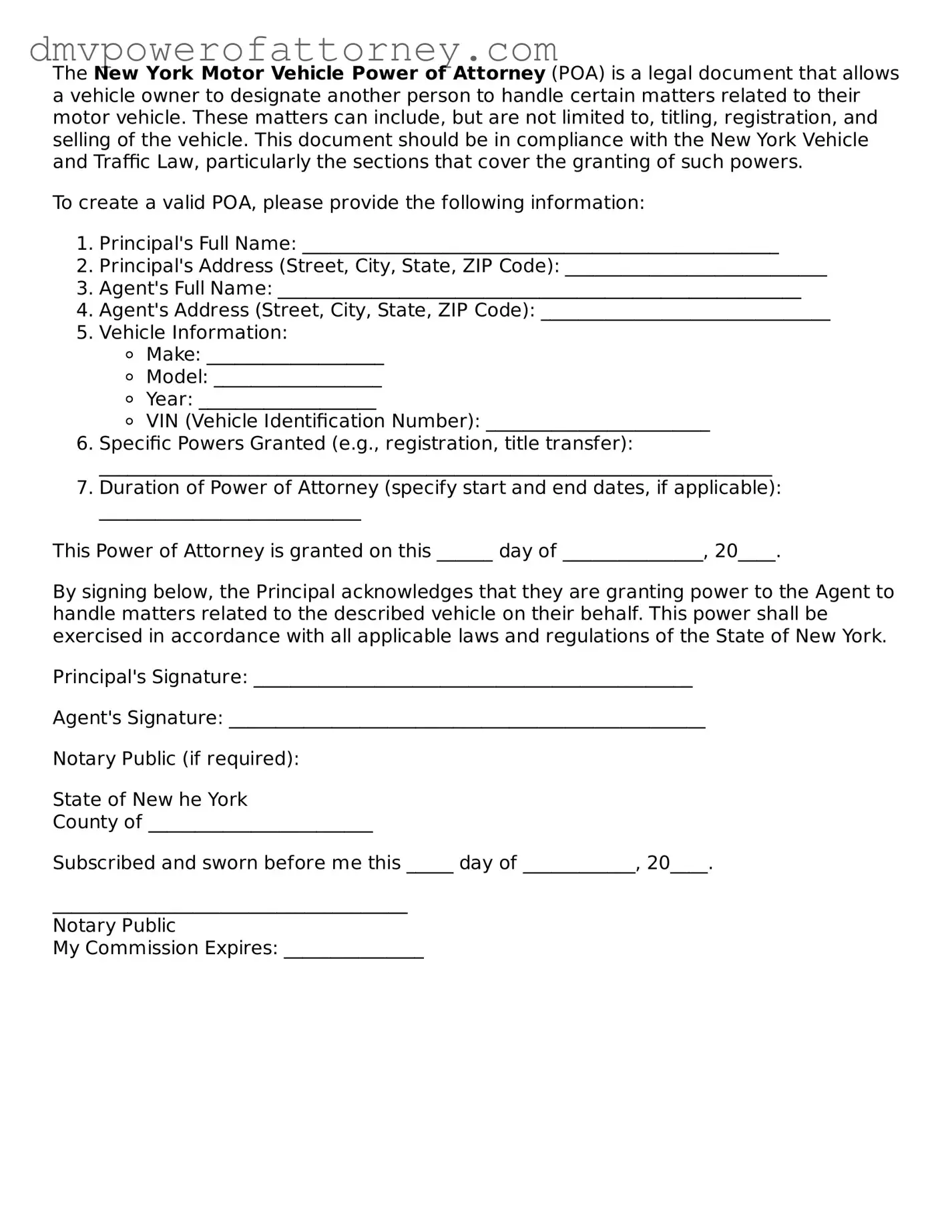 Attorney-Verified Motor Vehicle Power of Attorney Template for New York State