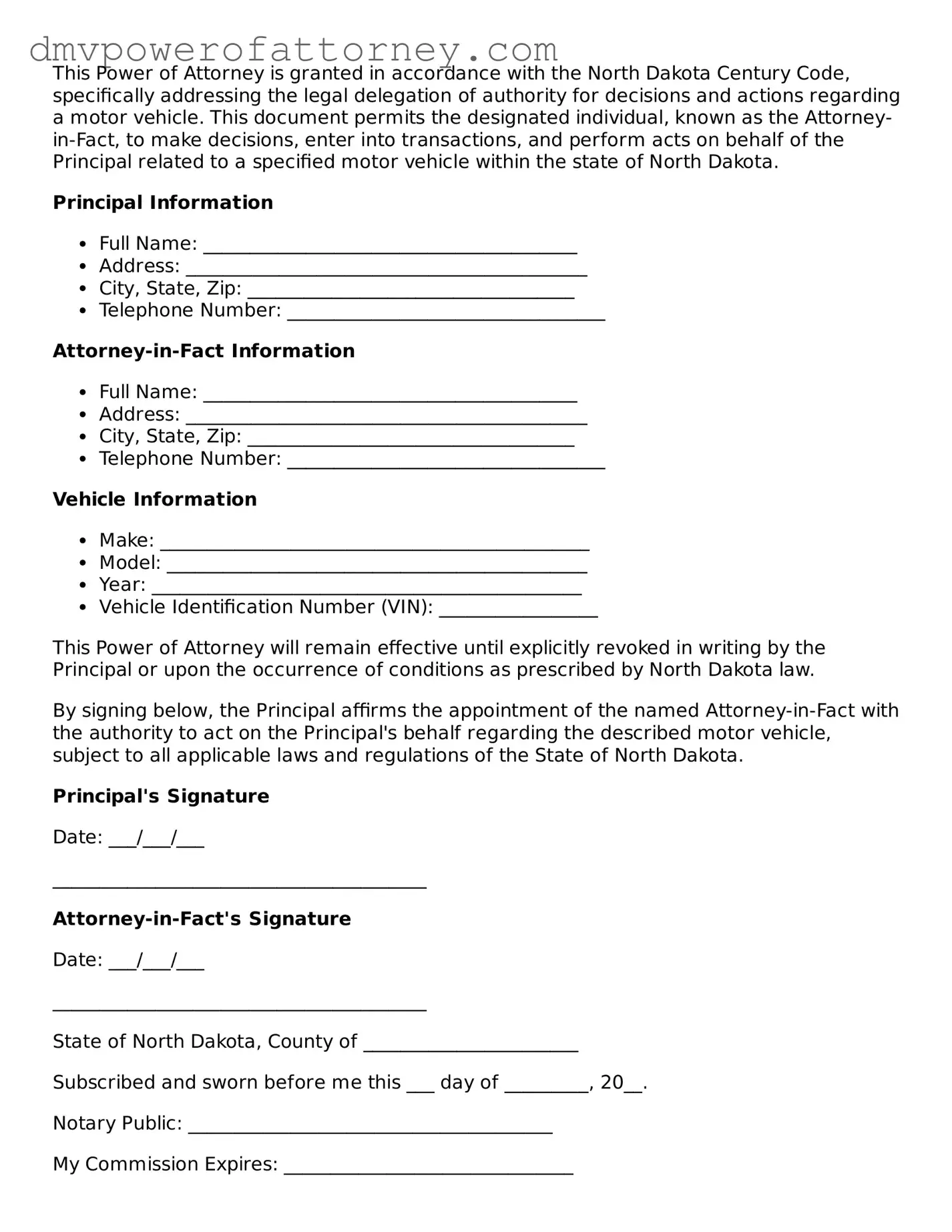 Attorney-Verified Motor Vehicle Power of Attorney Template for North Dakota State