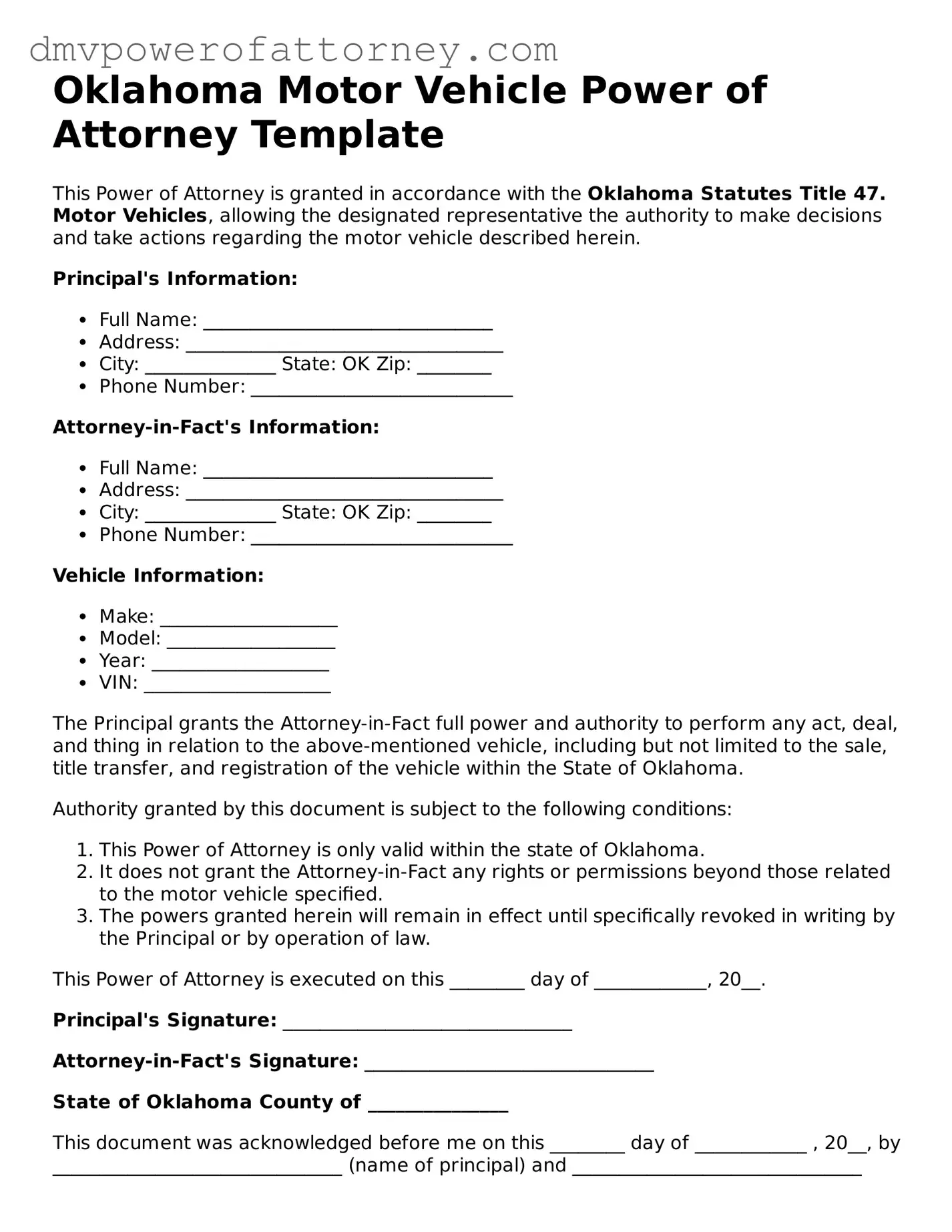 Attorney-Verified Motor Vehicle Power of Attorney Template for Oklahoma State