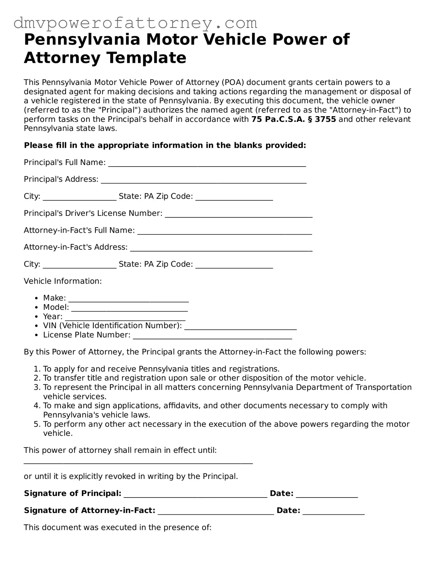 Attorney-Verified Motor Vehicle Power of Attorney Template for Pennsylvania State