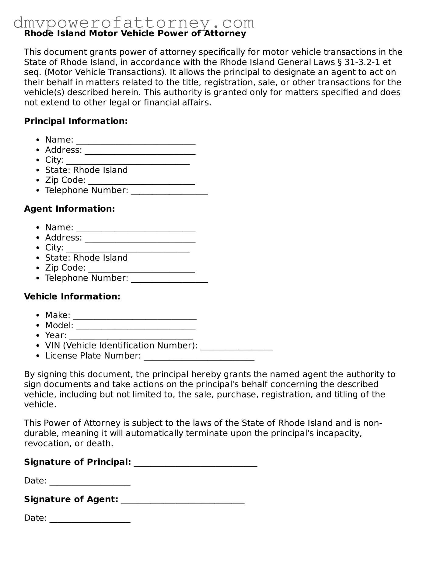 Attorney-Verified Motor Vehicle Power of Attorney Template for Rhode Island State