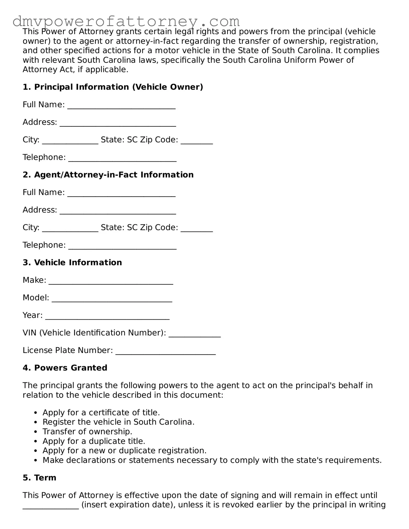 Attorney-Verified Motor Vehicle Power of Attorney Template for South Carolina State