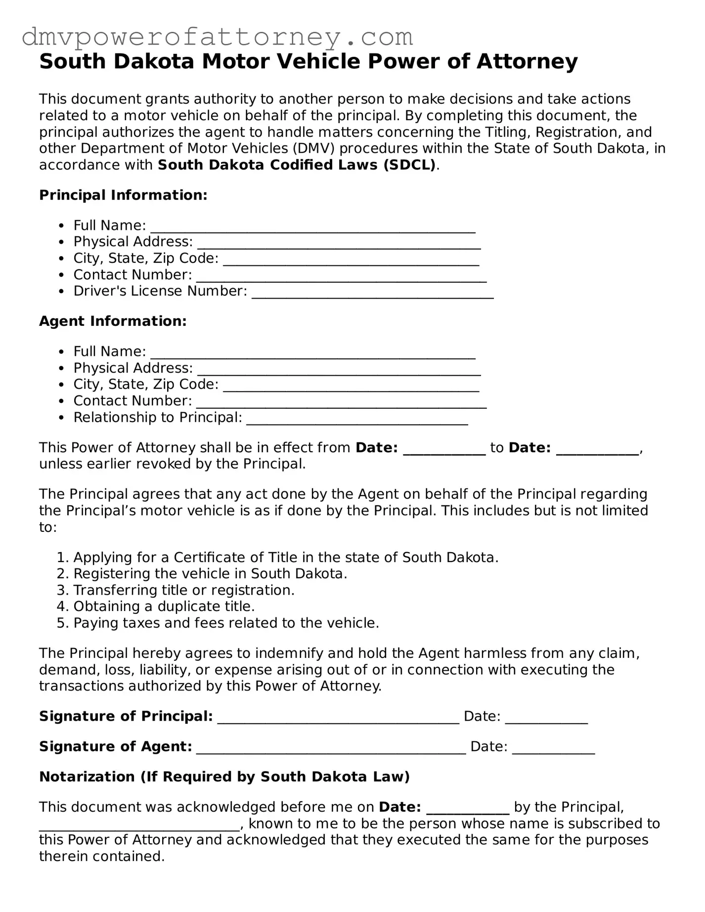 Attorney-Verified Motor Vehicle Power of Attorney Template for South Dakota State