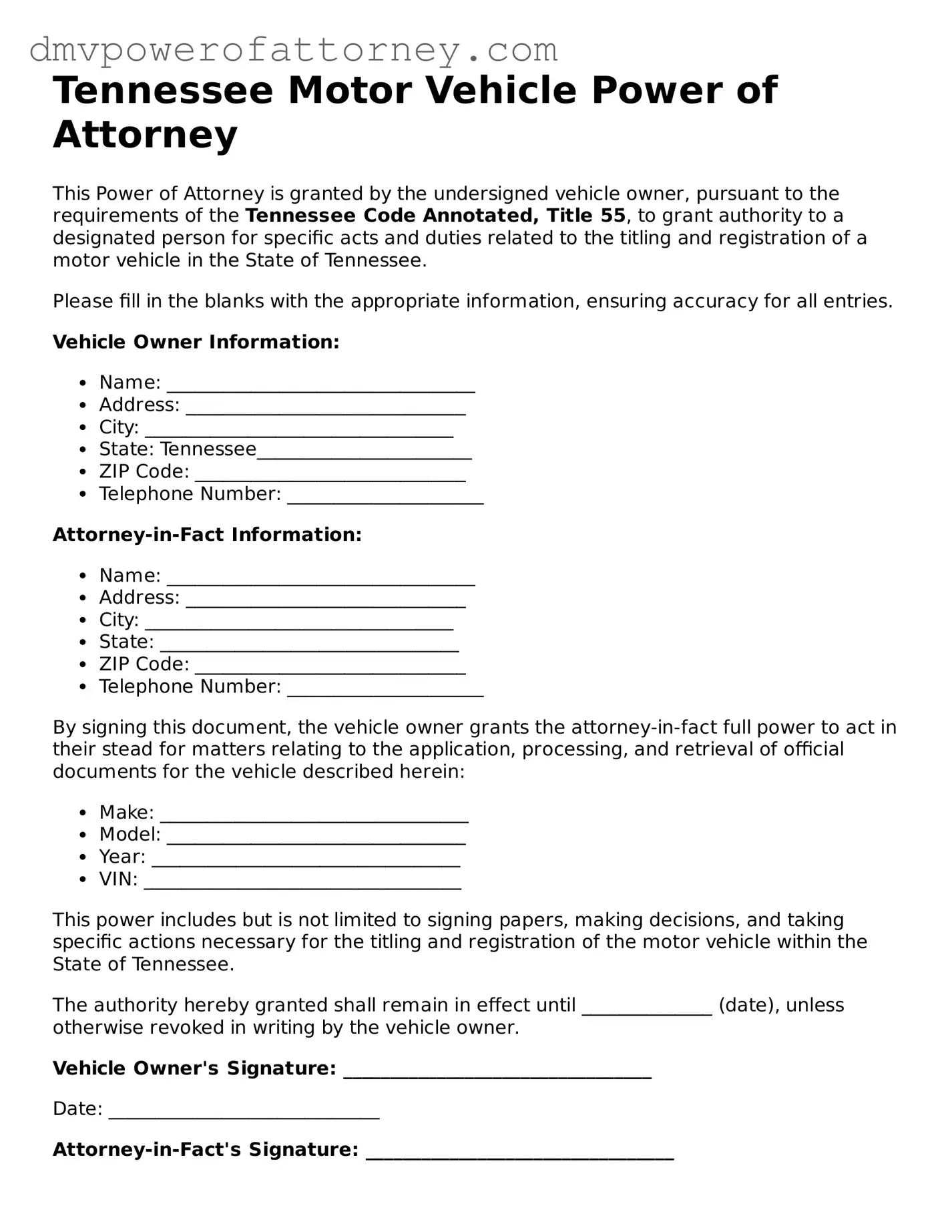 Attorney-Verified Motor Vehicle Power of Attorney Template for Tennessee State