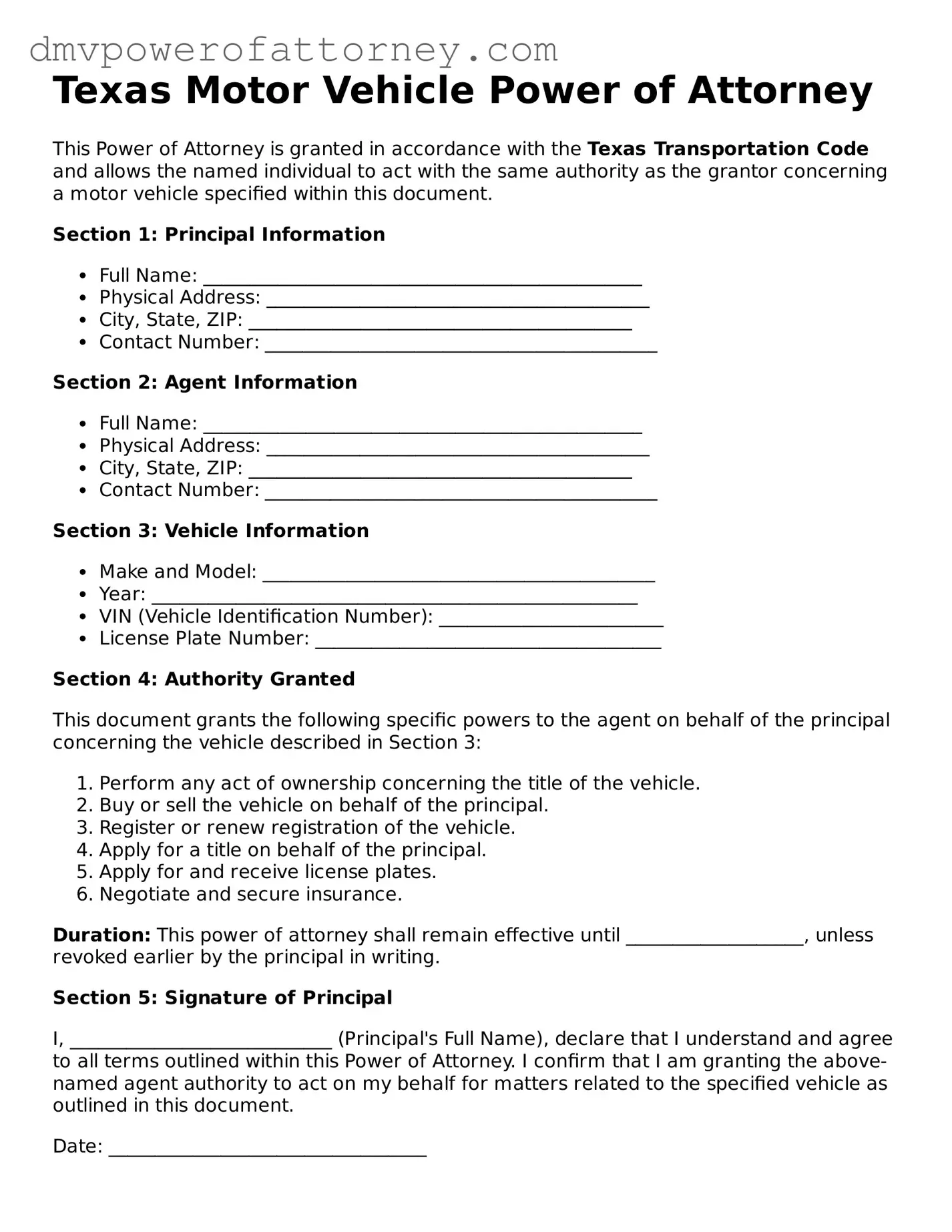 Attorney-Verified Motor Vehicle Power of Attorney Template for Texas State