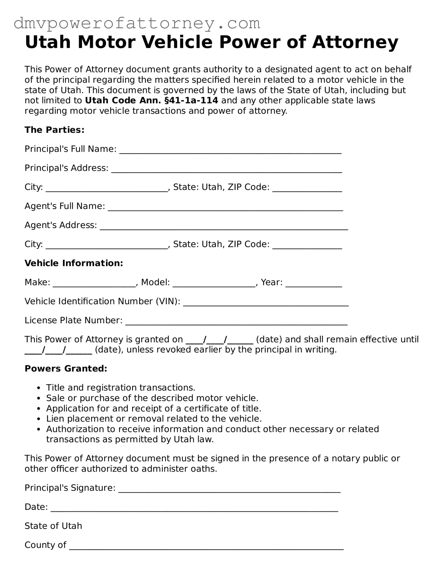 Attorney-Verified Motor Vehicle Power of Attorney Template for Utah State