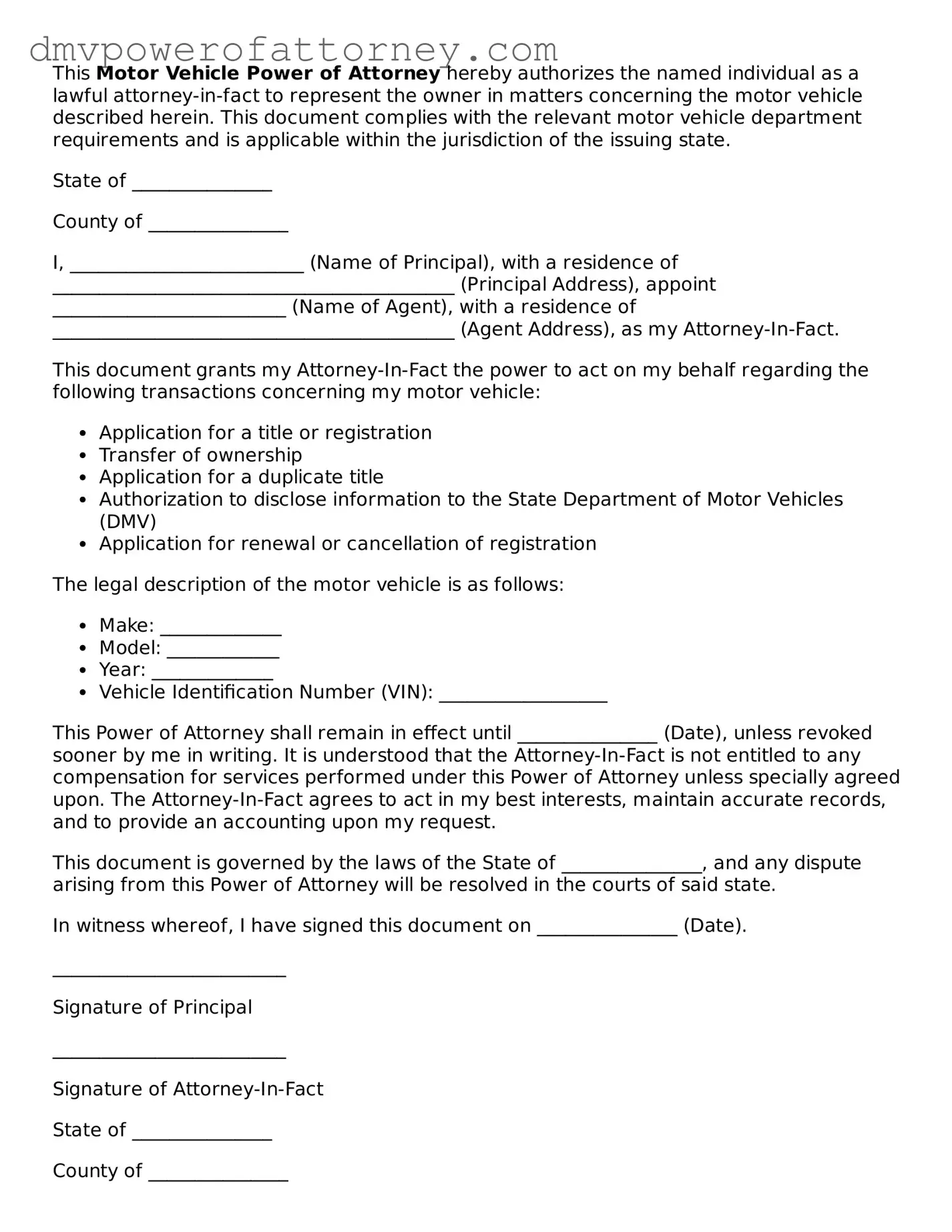 Printable Motor Vehicle Power of Attorney Document