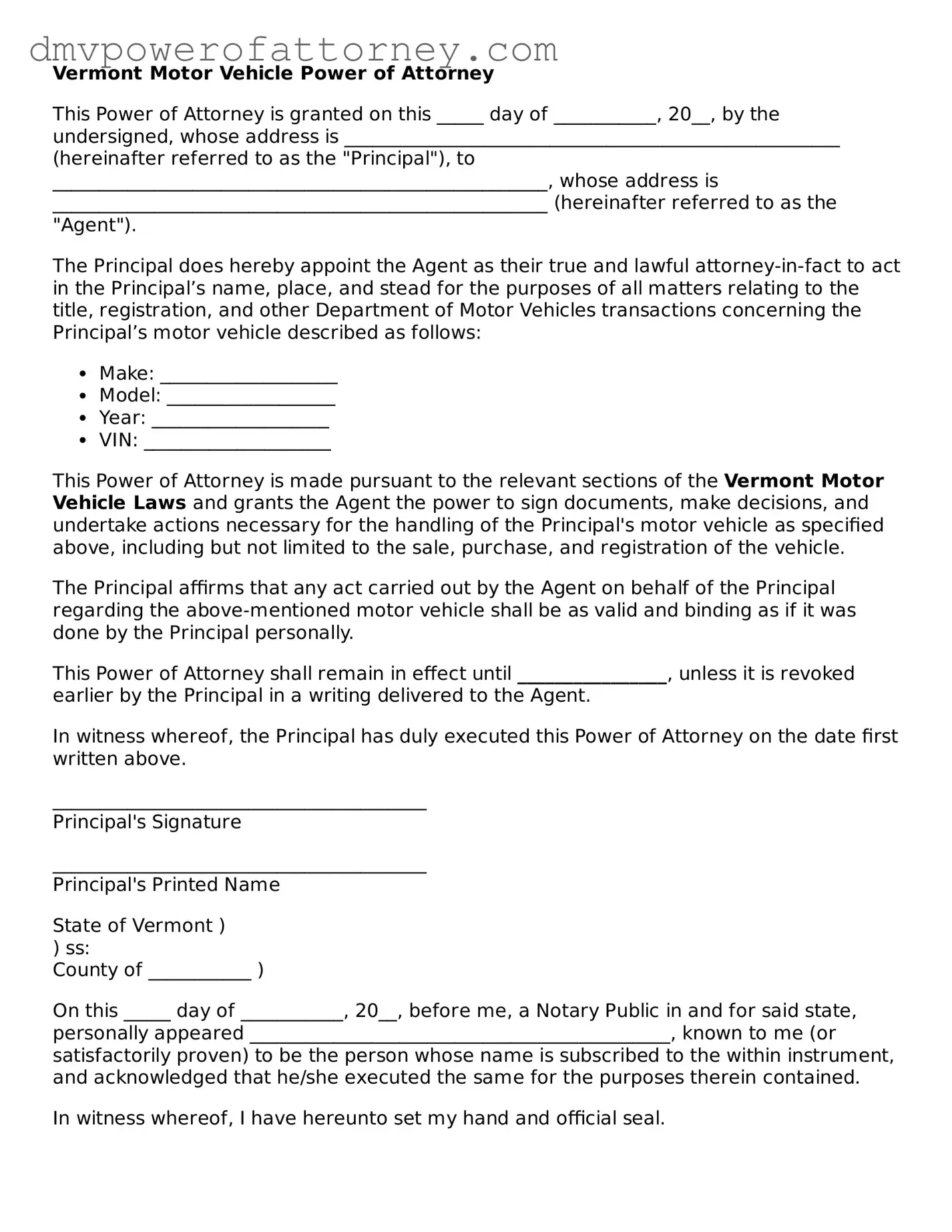 Attorney-Verified Motor Vehicle Power of Attorney Template for Vermont State