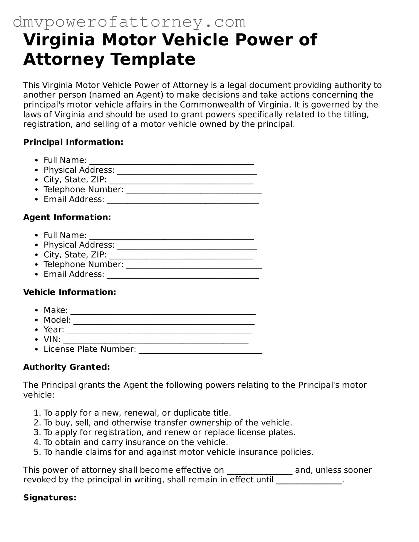 Attorney-Verified Motor Vehicle Power of Attorney Template for Virginia State