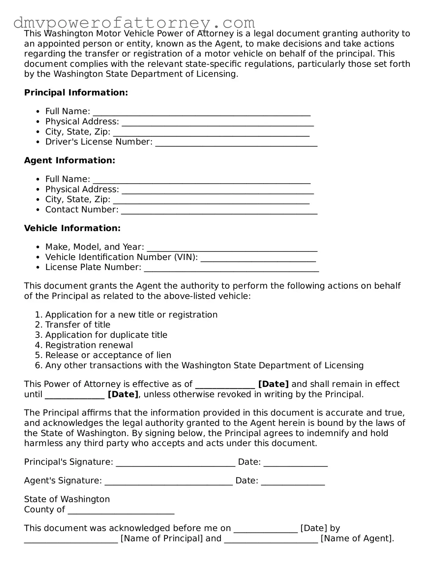 Attorney-Verified Motor Vehicle Power of Attorney Template for Washington State