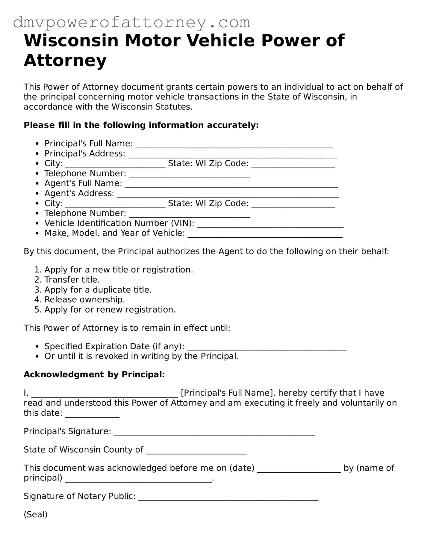 Attorney-Verified Motor Vehicle Power of Attorney Template for Wisconsin State