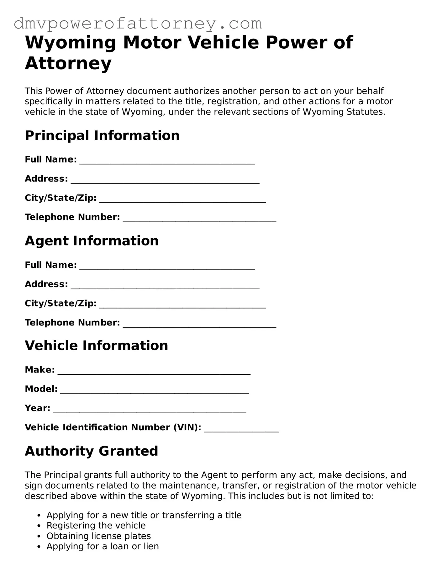 Attorney-Verified Motor Vehicle Power of Attorney Template for Wyoming State